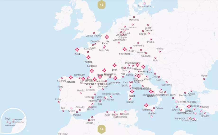 Kort over Volotea-destinationer