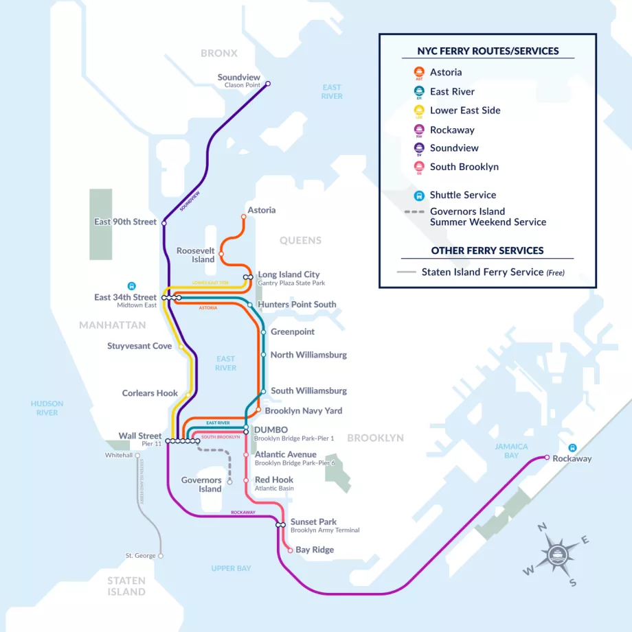 Kort over bådforbindelser på Manhattan