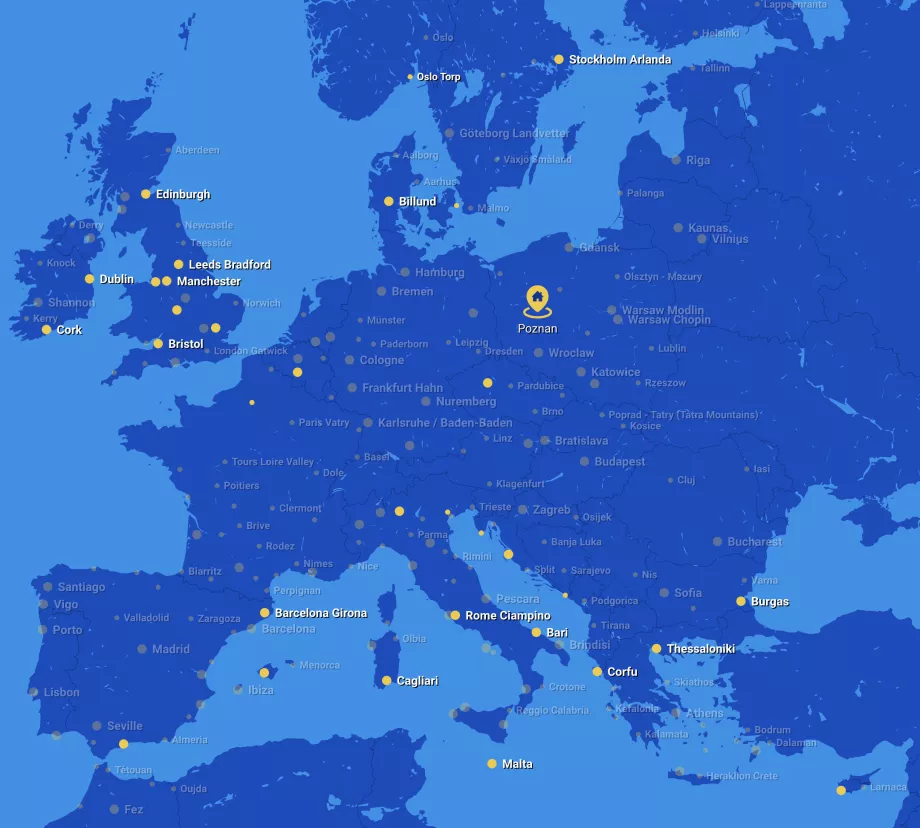 Ryanair rutekort fra Poznan lufthavn POZ